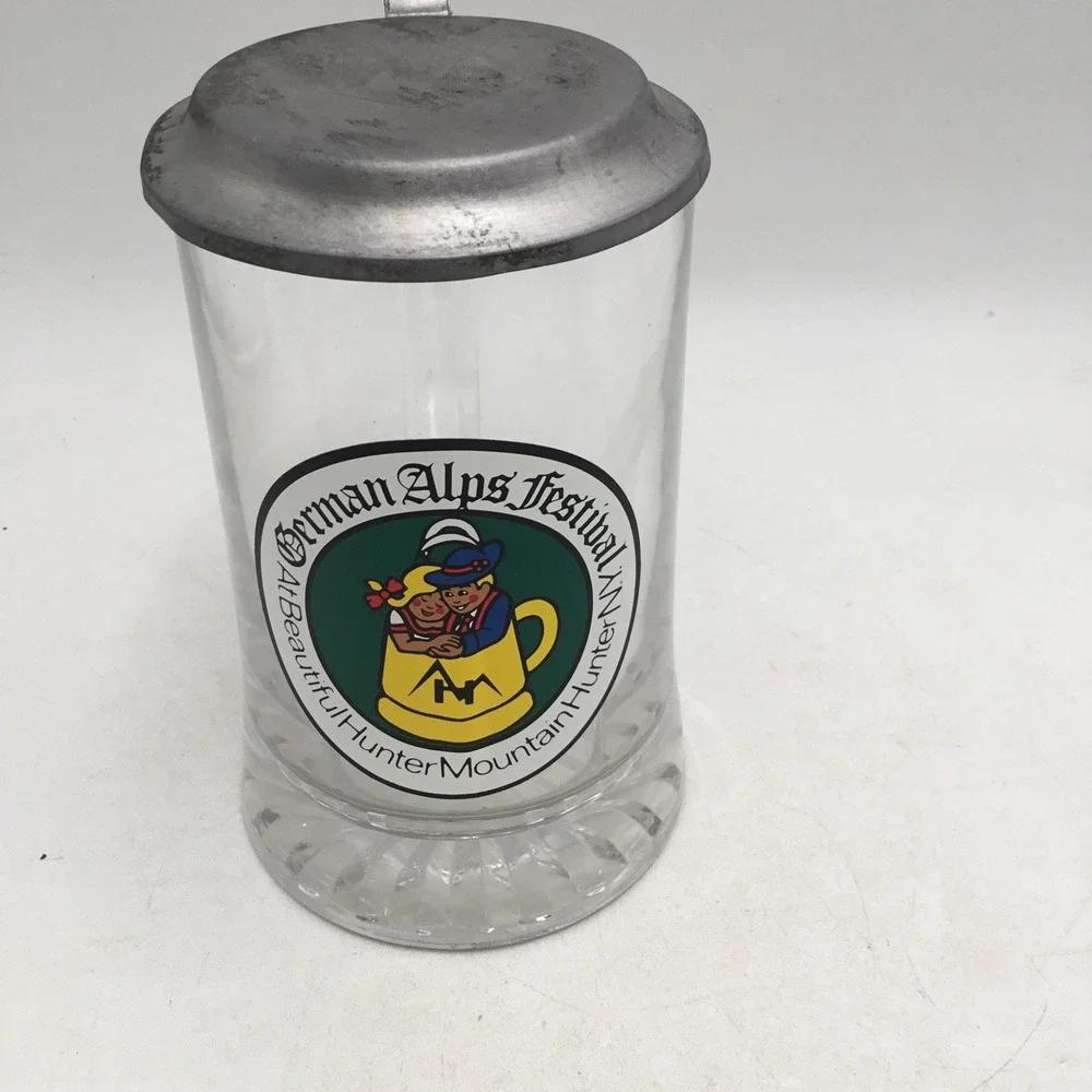 German Alps Festival Hunter Mountain NY Glass Beer Stein with Pewter Lid